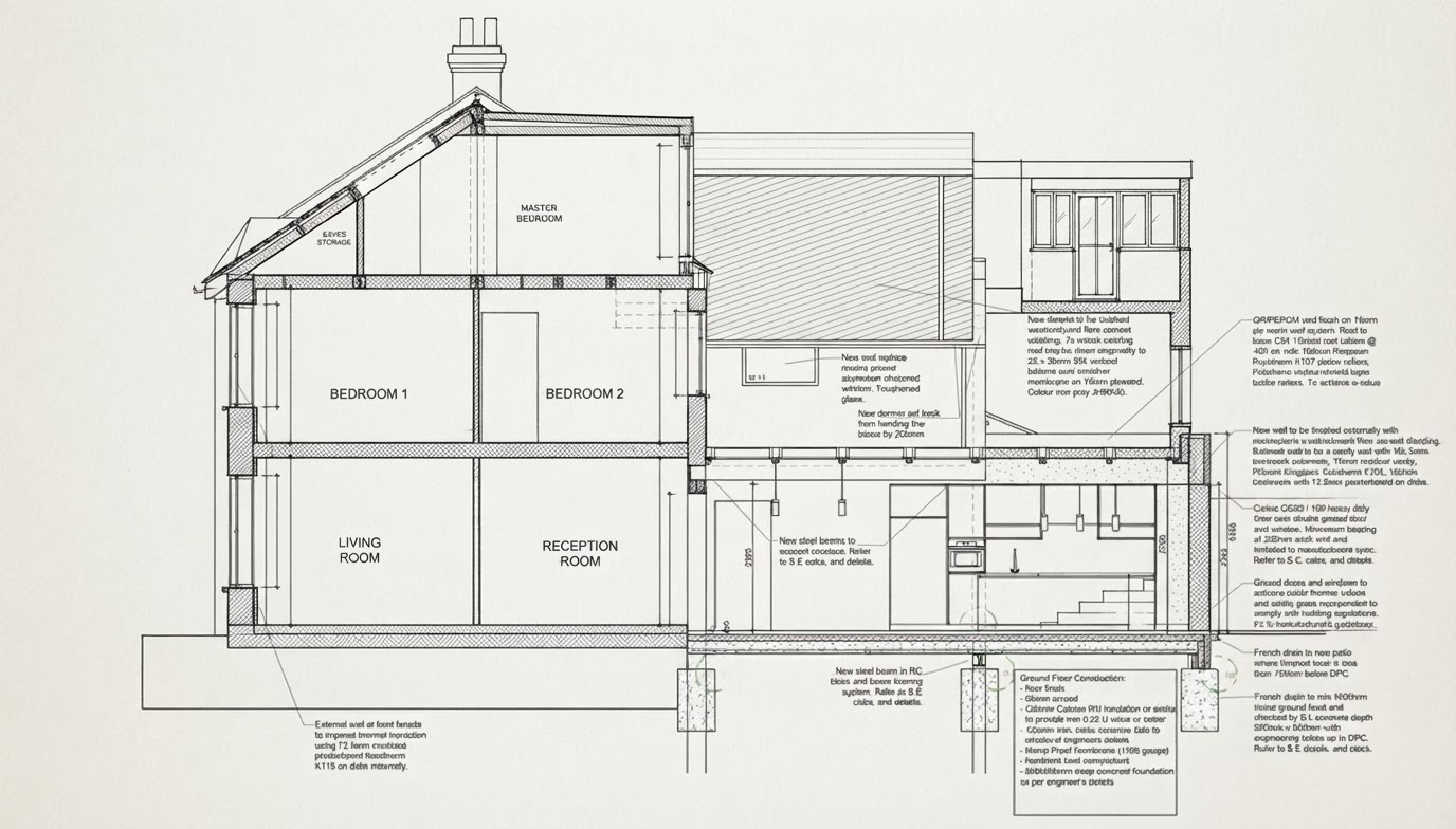 Architectural section drawing showing a residential renovation and extension