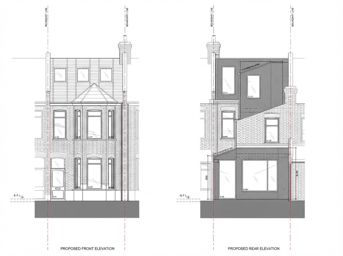 Architectural front and rear elevation drawings for Caistor Park