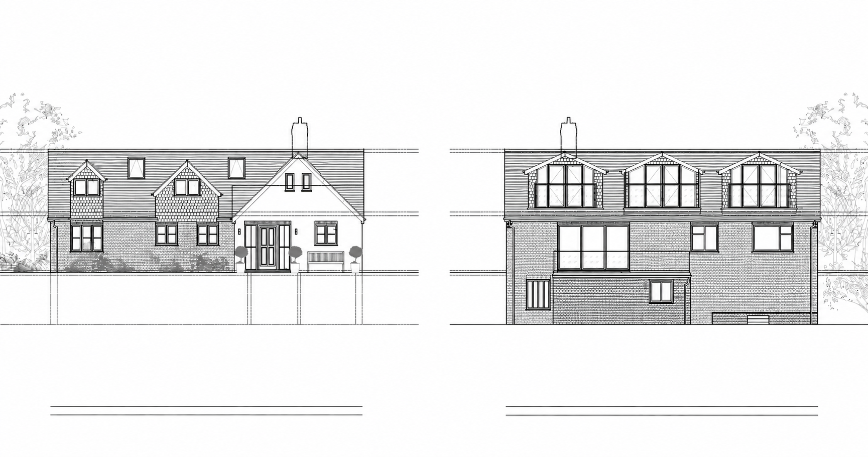 Monochrome front and rear architectural elevations of a residential property